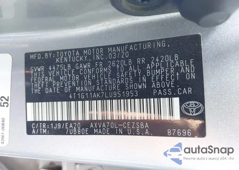 2020 Toyota Camry Se z USA, uszkodzony, nr VIN 4T1G11AK7LU951953